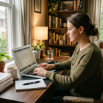 Woman using laptop at home office desk with books and coffee