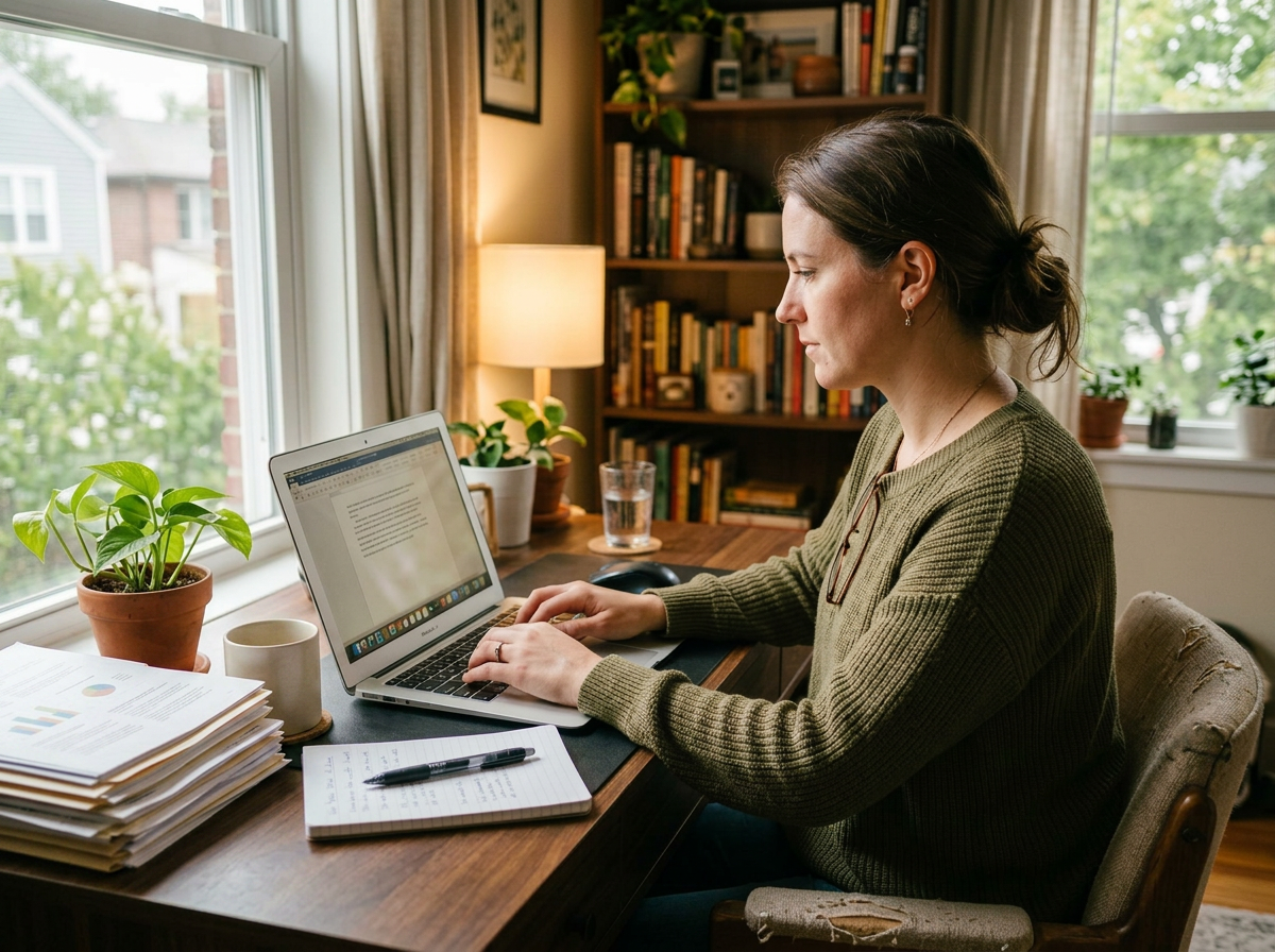 Woman using laptop at home office desk with books and coffee